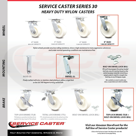 Service Caster 8 Inch Stainless Steel Nylon Caster Set with Ball Bearings 4 Brake 2 Swivel Lock SCC-SS30S820-NYB-TLB-BSL-2-TLB-2